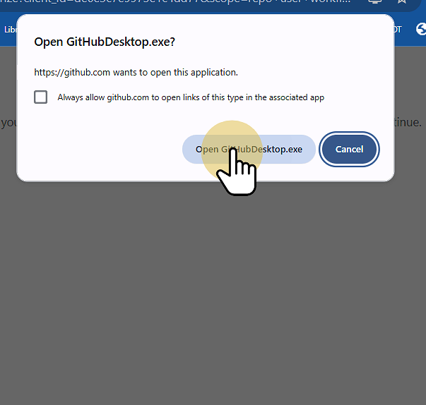 Click Open GitHubDesktop.exe to complete the link