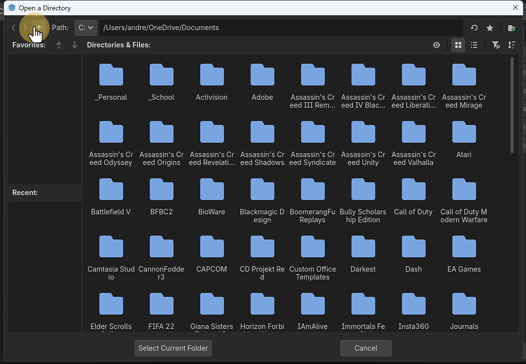 Press the up arrow to get to the Users/username folder, make sure that OneDrive is not in the folder name