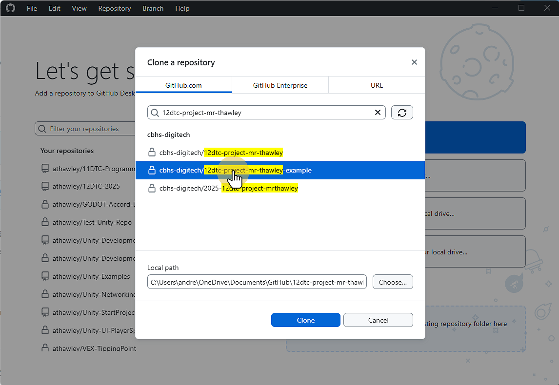 Search for the name of the repo (DO NOT CLICK CLONE YET)