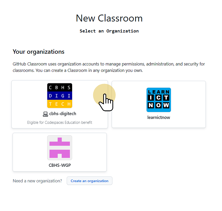 Select the Organisation to use