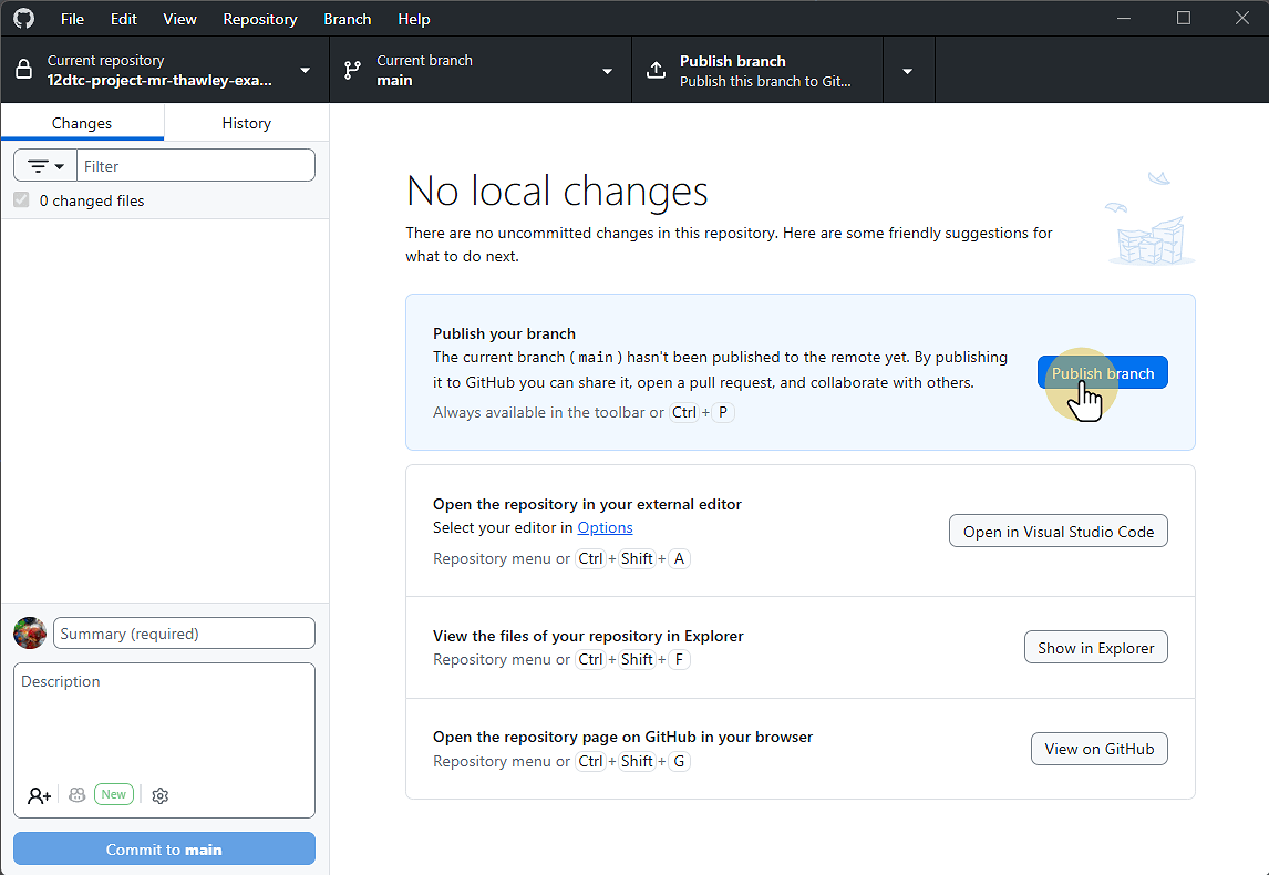 Click Publish Branch to upload your work to the repository