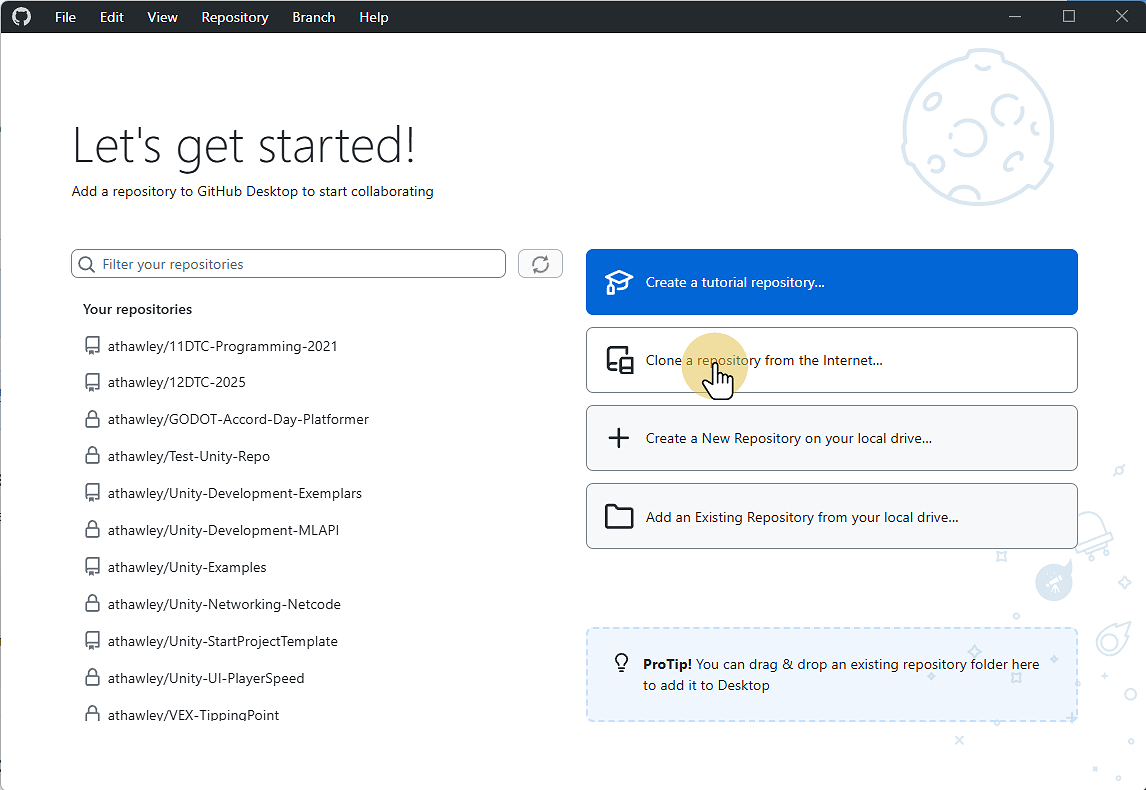 Select Clone a repository from the internet