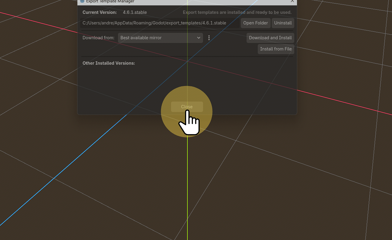 The export template for building you game or project has been installed.