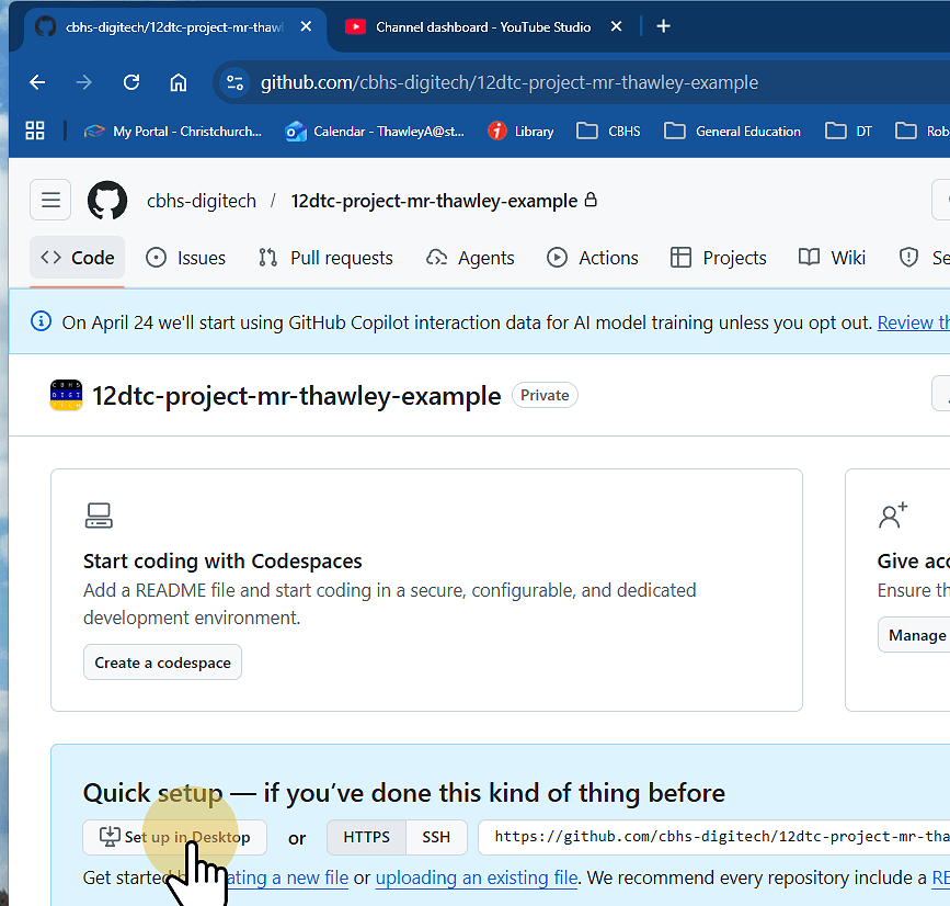 Click set up in desktop or switch to GitHub Desktop
