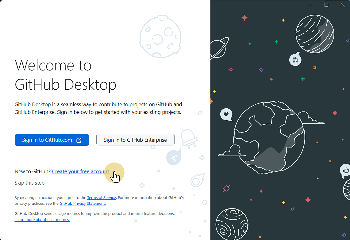 Wait for the installer to complete, then click Sign in to GitHub.com
