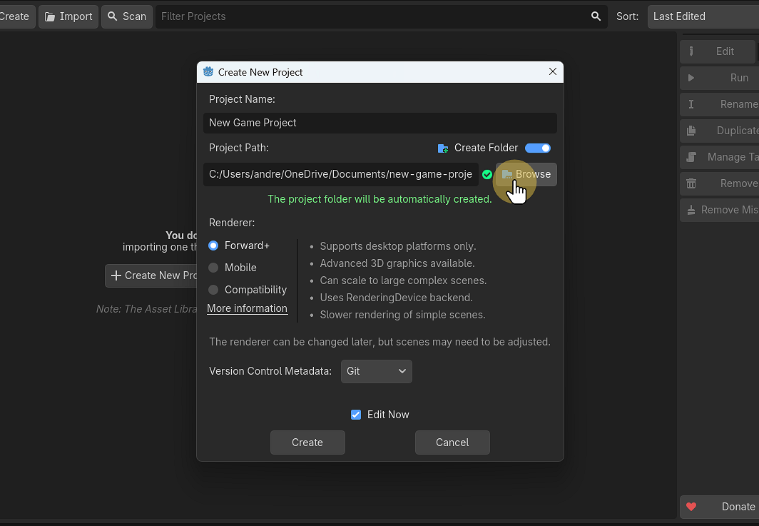 Brose to choose a location to save your project