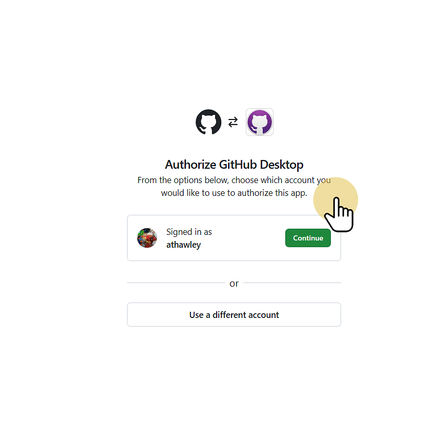 Sign in to your GitHub account and click Continue to link GitHub Desktop and your GitHub account